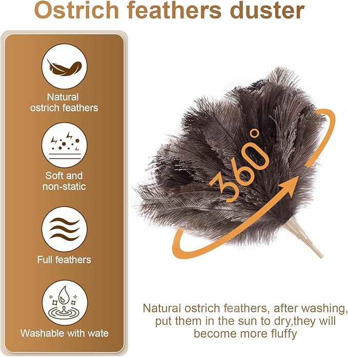 Extendable 94.5 Inch Ostrich Feather Duster with Extension Used for Home Cleaning Ceilings Furniture Fans Washable（210cm Telescopic Rod,Grey）