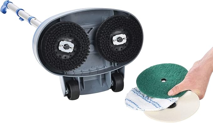 Global Industrial Mini Floor Scrubber With Floor Pads, 11" Cleaning Path, Dual Nylon Scrub Brushes, Cleans & Polishes Tile, Wood, Marble and other Hard Floors