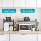 DOLALIKE Microwave Oven Rack, Expandable Microwave Stand Countertop Kitchen Utensils Tableware Storage, Carbon Steel Over Microwave Shelf Countertop with 6 Hooks