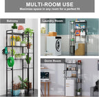 Over The Toilet Storage with Wooden Shelves and Side Rack, 7-Tier Black Over Toilet Bathroom Organizer Freestanding Storage Shelf for Toilet Paper, Towels, Toiletries, 31.5" Wide