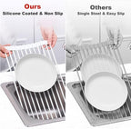 MERRYBOX Roll Up Over The Sink Dish Drying Rack Silicone Wrapped Foldable, Heat-Resistant, Anti-Slip Sink Rack Multipurpose Dish Drainer for Kitchen Sink Counter - White, 17.5" x 11"