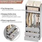 Besiost Freestanding 2FT Closet System with 3 Wood Drawers, 24" Closet Organizer System with Hanging Rod & Shelves, Walk-in Closet Systems for Small Closets, Grey (24"L x 15" W x 80" H)