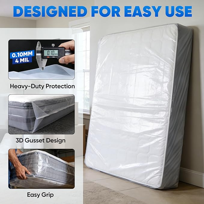 TICONN 2PK Plastic Mattress Bag for Moving Storage, Waterproof Mattress Protector Cover, Heavy-Duty Mattress Moving Supplies (4 mil, Twin)