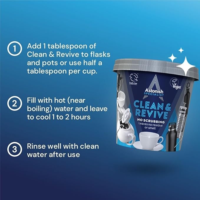 Astonish Descaling Foaming Powder | Tea & Coffee Mugs, Pots, Kettles & Stainless Steel | Dissolves Limescale & Eliminates Stains Clean & Revive (Pack of 6)