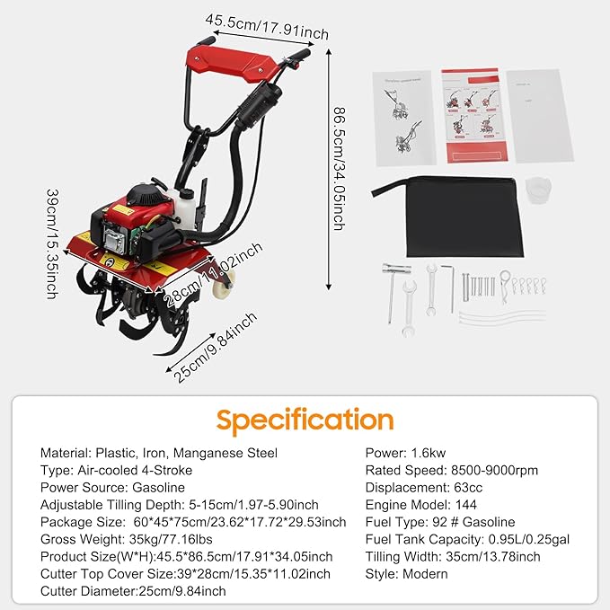 4-Stroke 63CC Gas Powered Tiller Cultivator Garden Yard Rototiller Tilling Tool Gas Tiller- Ideal for Garden, Lawn, Soil Cultivation, Weed & Digging, 8500-9000rpm