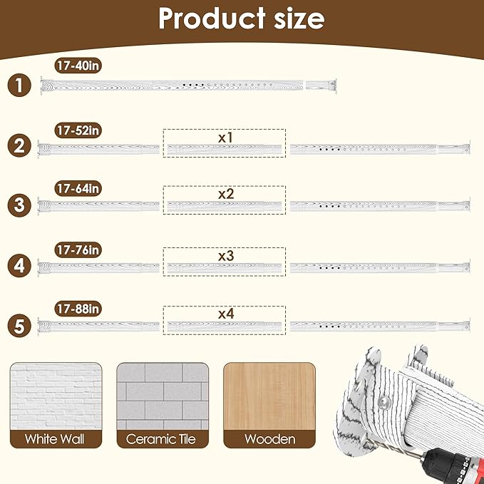 Closet Rod 17-40 Inches，1.3 Inch Diameter Heavy-Duty Adjustable Closet Rods for Hanging Clothes Closet Hanging Rod Metal Closet Poles for Wardrobes Laundry RV Bathroom（White Wood Grain Finish）