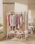 SONGMICS Clothes Rack,Clothing Rack with Shelves,Garment Racks Heavy Duty,Double Rod Clothes Rack with 6 Hooks, Clothes Storage and Display,for Living Room,Bedroom, Cloud White UHSR109W01
