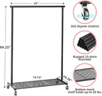 Ekisemio Clothes Rack for Hanging Clothes, 64.25 Inch Clothing Racks with Wheels, Portable Rolling Clothes Garment Rack for Bedroom, Laundry, Living Room, Black