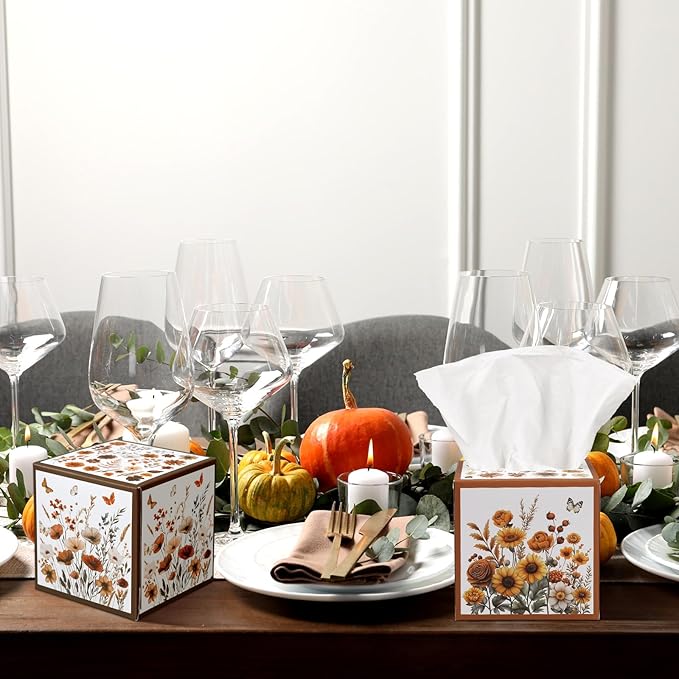 12 Pack Fall Wildflower Floral Facial Tissues Cube Boxes 600 Sheets 3 Ply Autumn Small Flower Square Face Tissues Bulk for Thanksgiving Day Car Bedroom Party Supplies