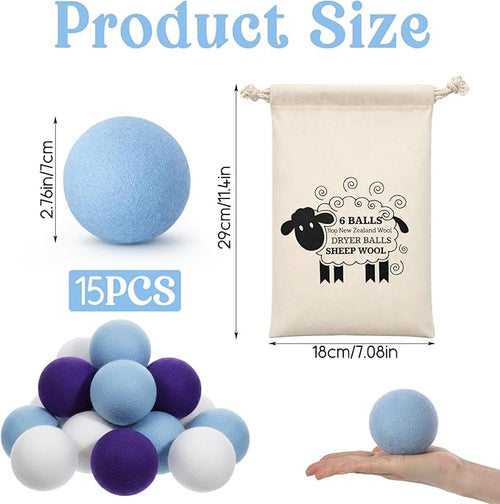 15 Pack Wool Dryer Balls, XL 3 Inch Reusable Laundry Natural No Lint Fabric Softener Ball, Replaces Dryer Sheets Wool Balls for Reduce Wrinkles Save Drying Time (Vivid Color)
