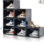 Amllas 8 Pack Shoe Boxes Black Plastic Stackable, Large Shoe Storage Organizer,Drop Side Front Shoe Containers for Entryway,Sneaker Storage Fit up to US Size 13 for Men/Women(13’’x 10.6”x 8.3”)