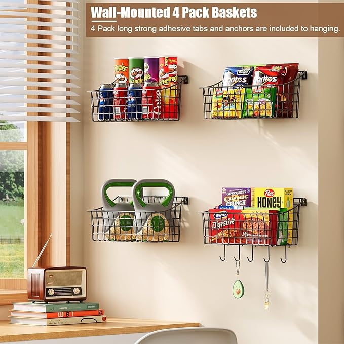 Sonyabecca 4 Pack Hanging Wall Basket for Organizing, Large Wire Basket for Storage Pantry with 5 S Hook+4 Adhesive Hook, Wall Mounted Shelf for Kitchen Bathroom