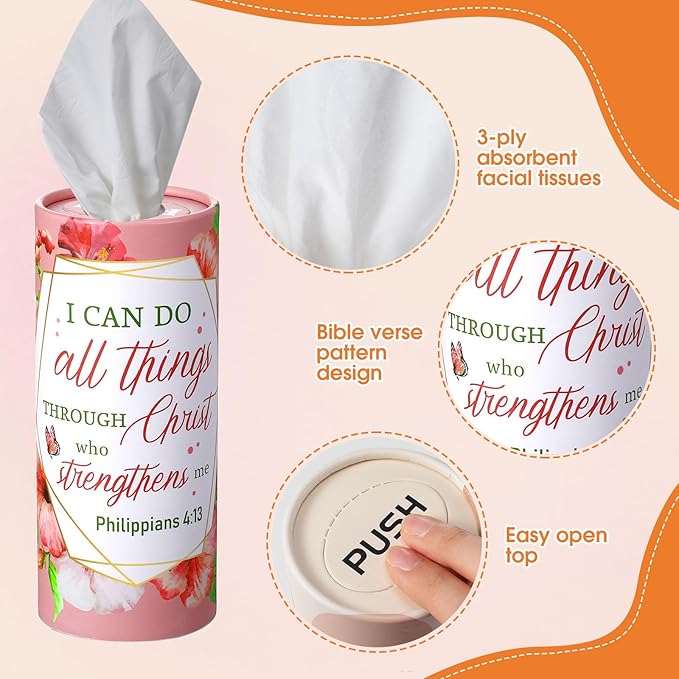 Outus 12 Pack Car Tissues Cylinder Holder Christian Round Tissue Box Cup Holder 3 Ply Facial Napkins Bible Verses Napkins Container for Car Home Office Dispenser Travel Prayer Church Religious Gifts
