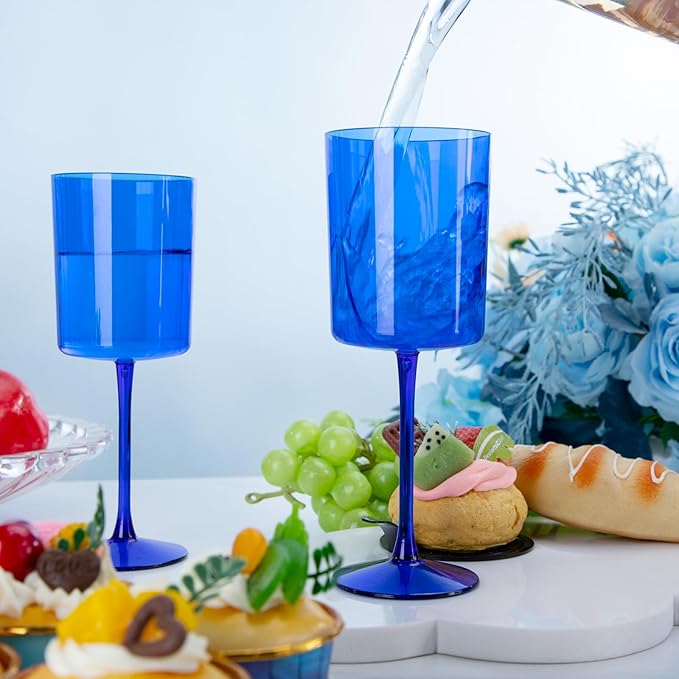 Ciaell 6 Pack Blue 10 Oz Plastic Wine Glasses with Stem - Disposable Wine Glasses for Parties & Weddings & Poolside & Outdoors & Camping