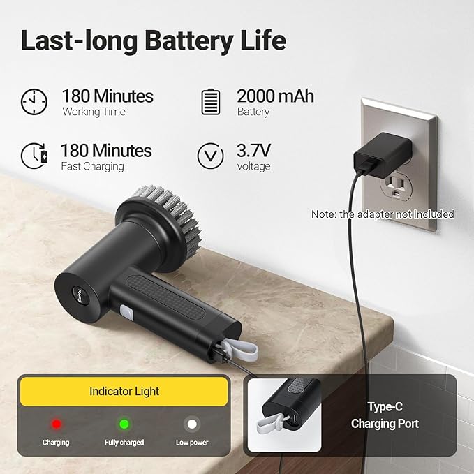 StarVal Electric Spin Scrubber, 2000 mAh Cordless Power Scrubber with 4 Replaceable Heads, 2 Speeds Portable Scrubber for Cleaning Sink/Stove/Corner/Tile/Grout/Bowl (Black)