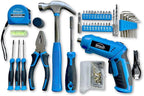 Apollo Tools 81-Piece Home Tool Set with 3.6V Li-Ion USB Cordless Screwdriver, Rotating Handle, LED Light, Hand Tools & Picture Hanging Kit – Compact Household Repair & DIY Kit, Blue/Gray DT2020