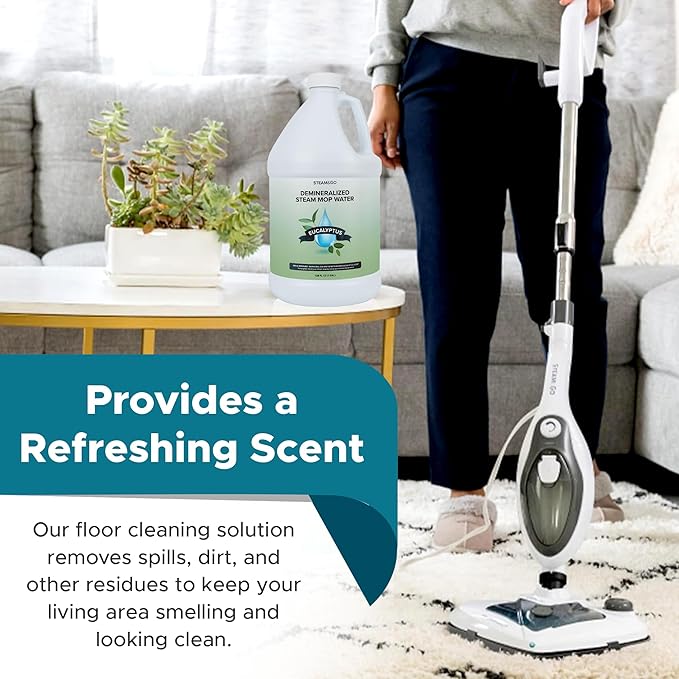 Steam & Go Demineralized Water - Multi-Surface Cleaning Solution for Steam Mop, Ready-to-Use Floor Cleaner, No PVC, Ideal for Home & Office, Compatible w/Any Mop - Eucalyptus Mint, 128oz, Pack of 1