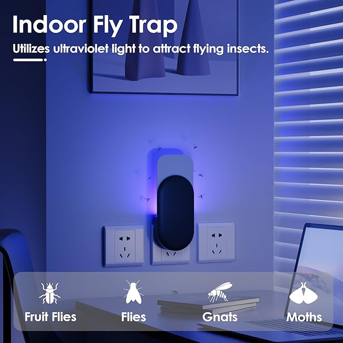 Fly Trap Indoor, 3 in 1 Plug-in Fruit Fly Trap, 4 Trap Black and 20 Glue Cards, Fruit Fly Traps for Indoors, Flying Insect Trap for Gnat, Moth, Mosquito, Suitable for Every Part of The Home