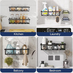 8 Pack Adhesive Rustproof Shower Caddy with Soap Dishes, Toothbrush Holder & Hooks, Large Capacity No-Drilling Shower Shelves Rack for Bathroom Organizers and Storage Accessories, Black