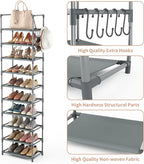 LANTEFUL 10 Tiers Tall Shoe Rack 20-25 Pairs Boots Organizer Storage Sturdy Narrow Shoe Shelf for Entryway, Closets with Hooks, Grey