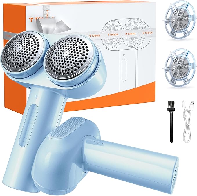 TORRAS Dual-Head Fabric Shaver, Longest Durability & 50ml Large Capacity Rechargeable Lint Removers to Remove Pills, 6-Leaf Blades Defuzzer, Electric Shaver for Clothes Couch Furniture, Blue