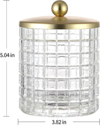 Clear Tranparent Apothecary Etched Geometric Grid Glass Jar W/Gold Metal Lid Cover for Bathroom Organization, Cotton Balls, Q Tips, and Small Accessories, Bathroom Storage