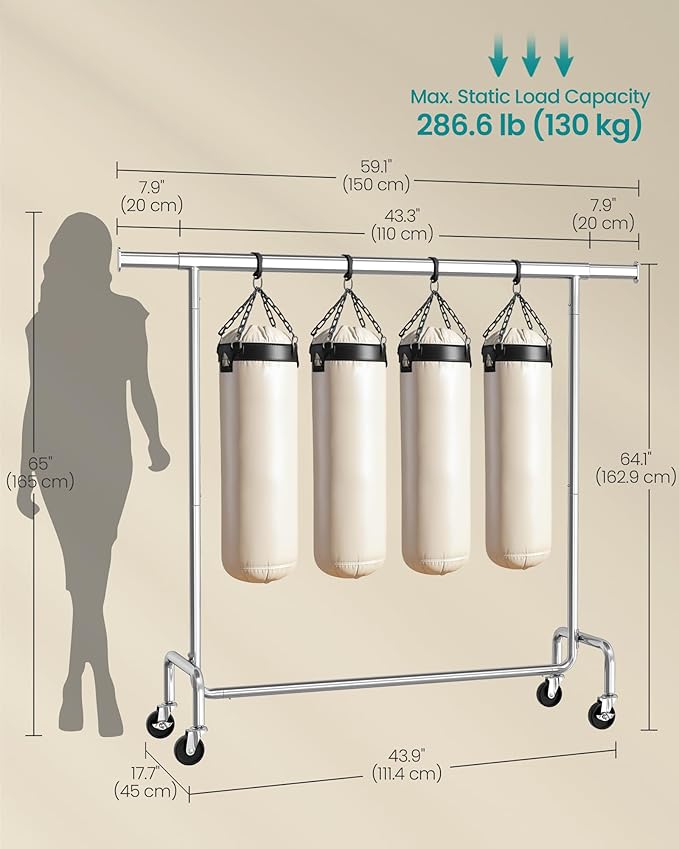 SONGMICS Clothes Rack with Wheels, Heavy-Duty Garment Rack with Extendable Hanging Rod, 286.6 lb Load Capacity, 17.7 x (43.3-59.1) x 64.1 Inches, Chrome-Plated, Silver UHSR11S