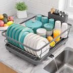 Sakugi Stainless Steel Dish Drying Rack for Kitchen Counter, Sink Organization and Storage Essentials with Silverware & Utensil Holder, Home and Apartment Decor, 12''W x 15.6''L, Gray