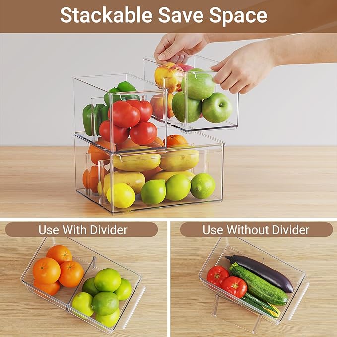 Clear Plastic Storage Bins with Dividers for Kitchen Pantry Organization, 6 Pack Thicken Stackable Storage Drawer Boxes for Refrigerator Cabinets Vanity Organizers and Storage, C6-3