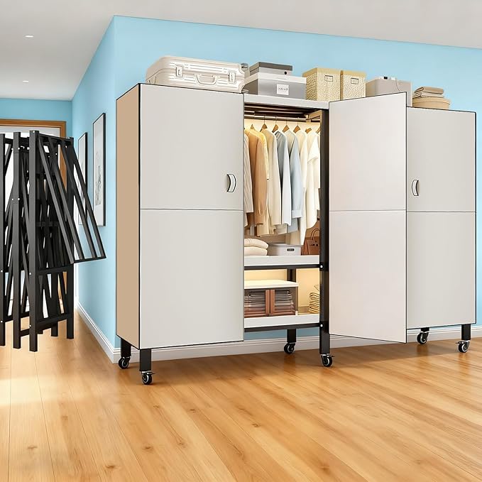 Foldable Portable Armoire Wardrobe Closet for Hanging Clothes Rack, Heavy Duty Covered Clothes Rack with Cover(HARDBOARD Magnetic), Closet Garment Rack for Bedroom Storage (KT Off-white, 49.21in)