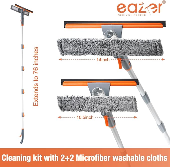 Eazer 3-in-1 Spray Window Squeegee, 76'' Window Cleaner Tool with 5-Section Extension Pole, Window Cleaning Kit with 4 Microfiber Cloth, Window Washing Equipment for Indoor/Outdoor Windows, Car Glass