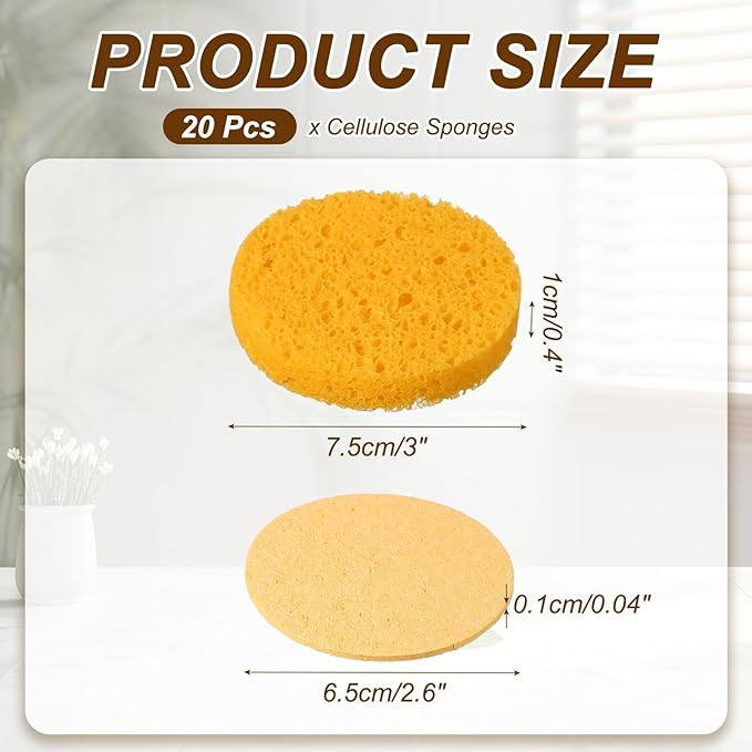 uxcell 20Pcs Cellulose Sponges, Round Kitchen Clean Sponges Non-Scratch Compressed Dish Scrubber for Kitchen Household Cookware Bathroom Cleaning & DIY, Beige