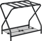 1-Piece Foldable Black Luggage Rack Stand with Storage Shelf – Heavy Duty Metal Suitcase Holder, 150 lbs Top, 50 lbs Bottom, Fits 20”-28” Luggage – Guest Room, Bedroom, Hotel LR-BK-1