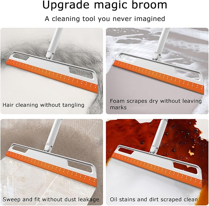 Multifunction Magic Broom, Silicone Floor Squeegee, Air Broom, Rubber Squeegee with 56" Long Handle, Floor Scraping Sweeper Wiper for Bathroom Shower Kitchen Pet Hair Fur Marble Tile Glass (Orange)