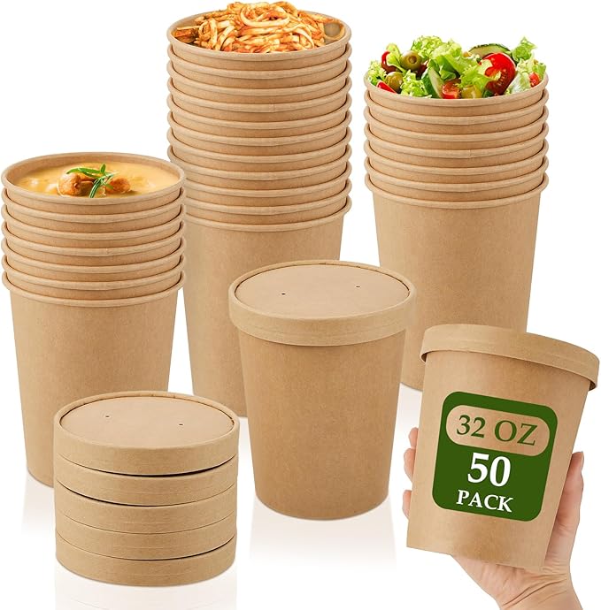 Sabary 50 Pack 32 oz Paper Soup Containers with Lid Disposable Kraft Soup Food Bowl Microwavable Food Storage Ice Cream Containers Nice for Restaurants (Brown)