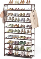 LANTEFUL 10 Tiers Shoe Rack 50 Pairs Large Capacity Tall Shoe Organizer Sturdy Shoe Storage with Two Hooks Space Saving Metal Wide Shoe Rack for Closet, Entryway, Bedroom, Brown