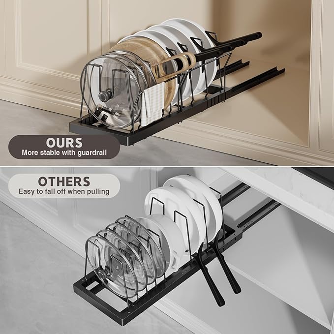 Pots and Pans Organizer Under Cabinet, 22" Deep Expandable Pull Out Pot Lid Organizer and Storage with 10 Adjustable Dividers No Drill Pot and Pan Holder Rack with Handle Bracket(1 Pack,Black)