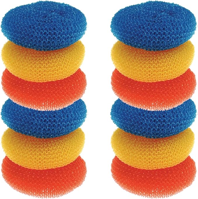 LOLA Plastic Mesh Scouring Pads - 12 Pack, 3.375" x 1.25", Non-Scratch Dish Scrubbers to Clean, Assorted & Random Colors, Red, Blue or Yellow