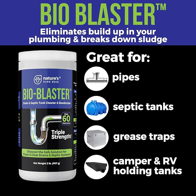 Enzyme Drain and Septic Cleaner and Friendly Bacteria Booster. Extra Large 2 lb. Deodorizes and Unclogs Pipes - Septic Tanks - RV Tanks-and More. No Caustic Chemicals! Dissolves Fats, Oil, and Grease.