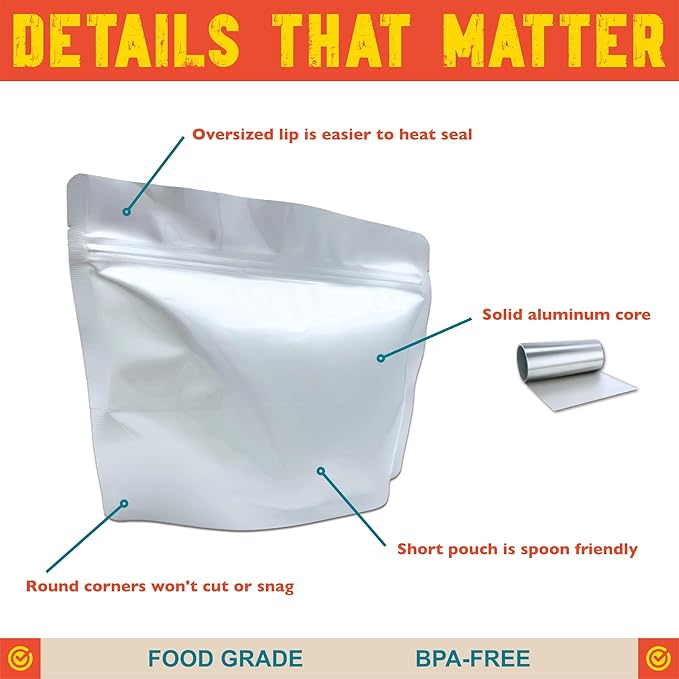 MRE Mylar Bags, 8 Mil per Side, Stand-Up Ziplock Pouches for Long-Term Food Storage, Freeze Dried Meals & Backpacking [50-Pack | 9" x 6.5" x 4.25"]