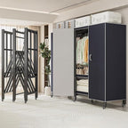 Heavy Duty Covered Clothes Rack with Magnetic Door Foldable Portable Wardrobe Closet for Hanging Clothing Rolling Black Metal Garment Rack on Wheels Closet System (Navy Blue, 58.9in)