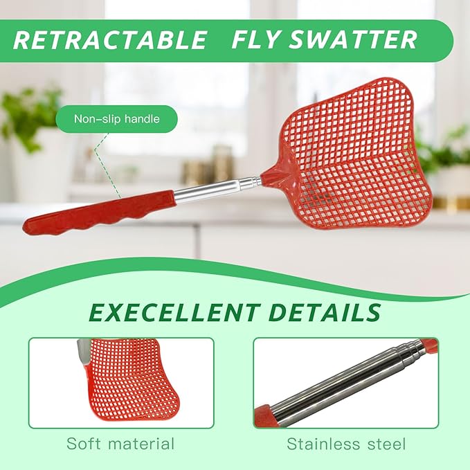 MYSTICHOME Fly Swatter 2 Pack, Durable Heavy Duty Plastic Fly Swatters, Stainless Steel Telescopic FlySwatter for Indoors/Outdoor/Kitchen/Garden (Black+Red)