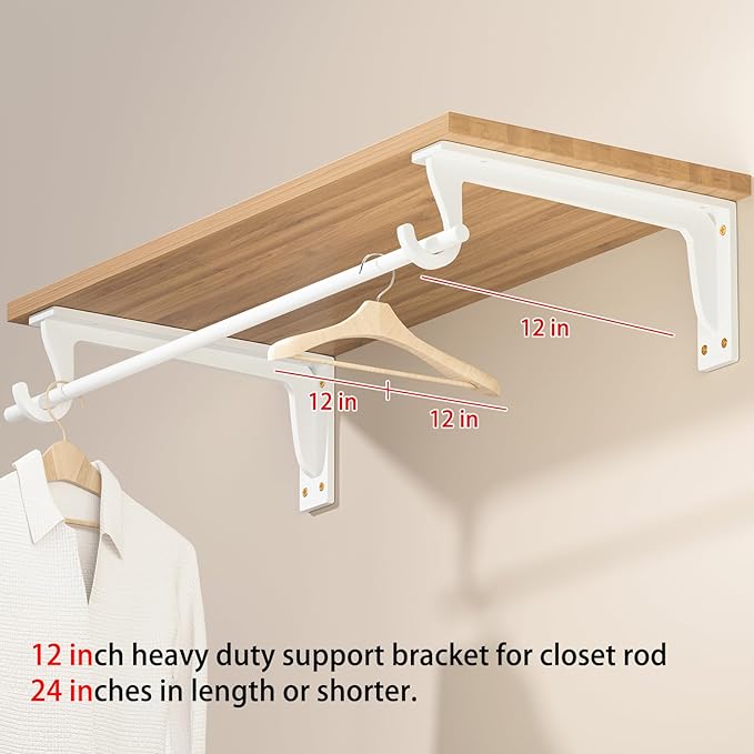 Closet Rod Support Bracket 12 inch WYGWP Heavy Duty Closet Shelves Brackets with Rod Shelving Supports 400lbs, Wall Mounted Shelf and Rod Holder for Armoire Wardrobe and Walk-in Closet Decor