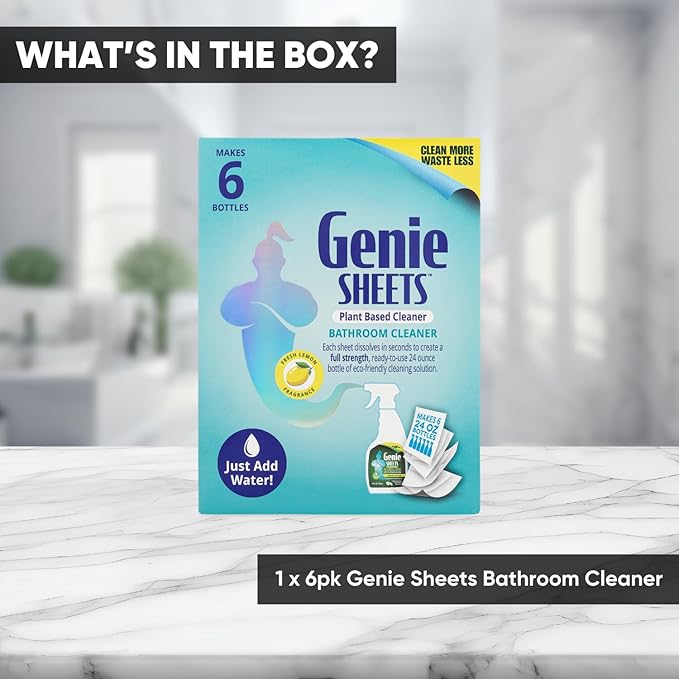 Genie Sheets Bathroom Cleaner | Concentrate Makes 6 24oz Refills | Professional-Strength | Just Add Water | Sustainable Eco-Friendly Plant-Based Solution | 6 Sheets