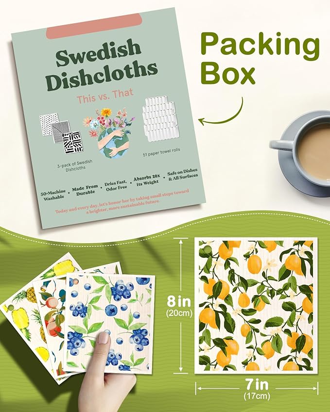 6 Pack Swedish Dishcloths for Kitchen - Reusable Dish Cloths for Washing Dishes Absorbent Cute Funny Kitchen Towels Cleaning Sponge, Lemon Fruit