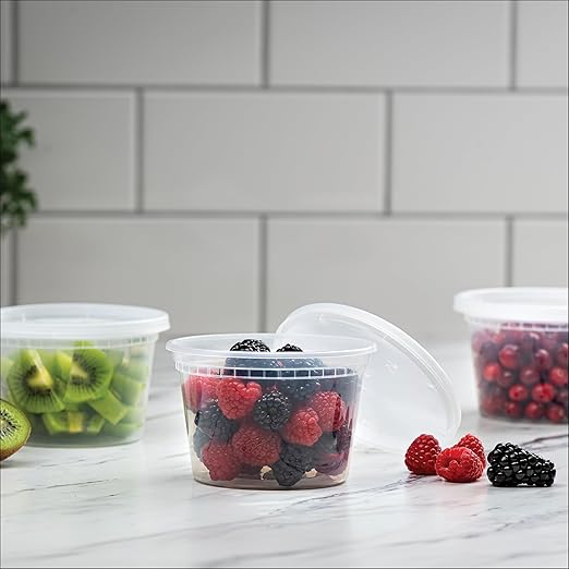Stack Man [48 Sets - 16 oz. Plastic Deli Disposable Food Storage Containers with Airtight Lids