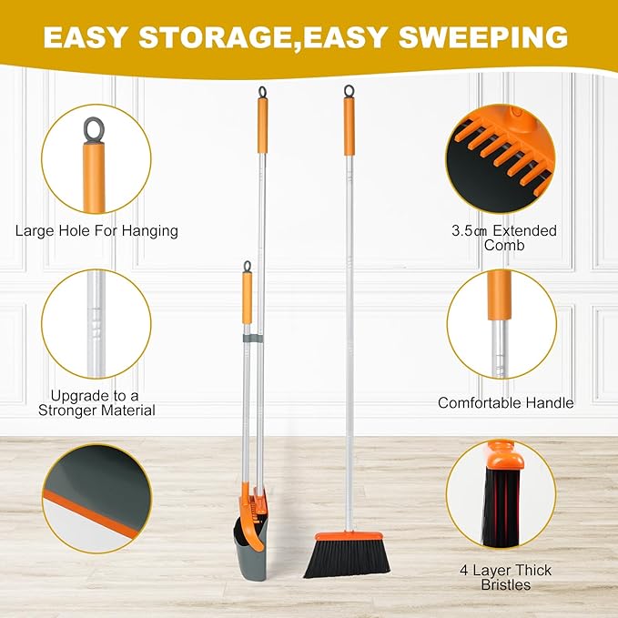 Broom and Dustpan Set with 54 Inch Long Handle - Perfect Dust Pan and Brush Combo for Home Efficient Cleaning (Orange and Grey)