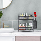Bathroom Organizer with Basket, 2-Tier Bathroom Tray for Countertop Storage Shelf, Bathroom Counter Organizer, Vanity Organizer and Storage Kitchen Counter Organizers Spice Rack