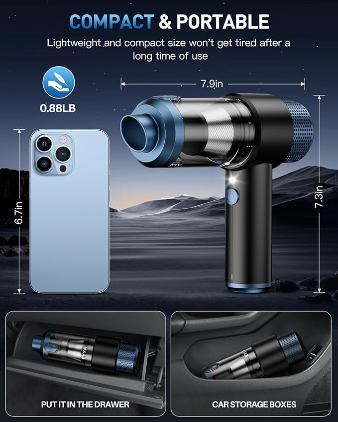 EYYA Handheld Car Vacuum Cleaner Cordless, 15000PA High Power Vacuum & Air Duster, 4-in-1 Portable Mini Vacuum with LED Light, Hand Held Vacuum Cleaner for Car Home Office