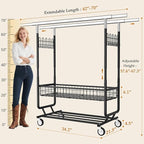 Gewudraw Heavy Duty Clothes Rack with Metal Basket, 1060 LBS Rolling Double Rod Garment Rack, Portable Extendable Clothing Rack with Wheel for Bedroom, Laundry Room & Retail Store
